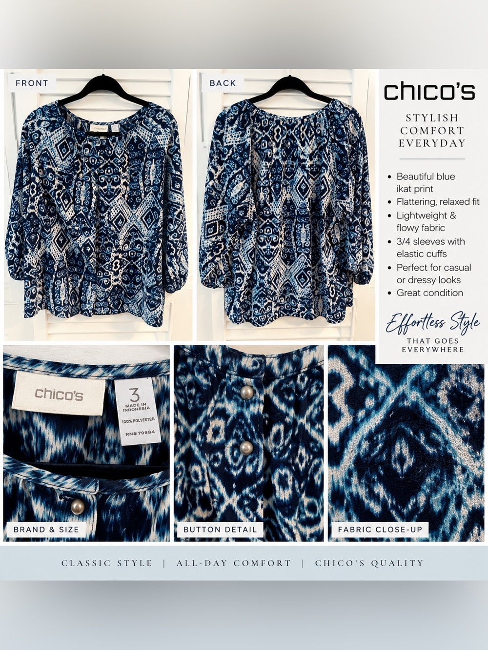 Chico’s Women’s Size 3 Blue Navy Geometric Print Long Sleeve Blouse Top